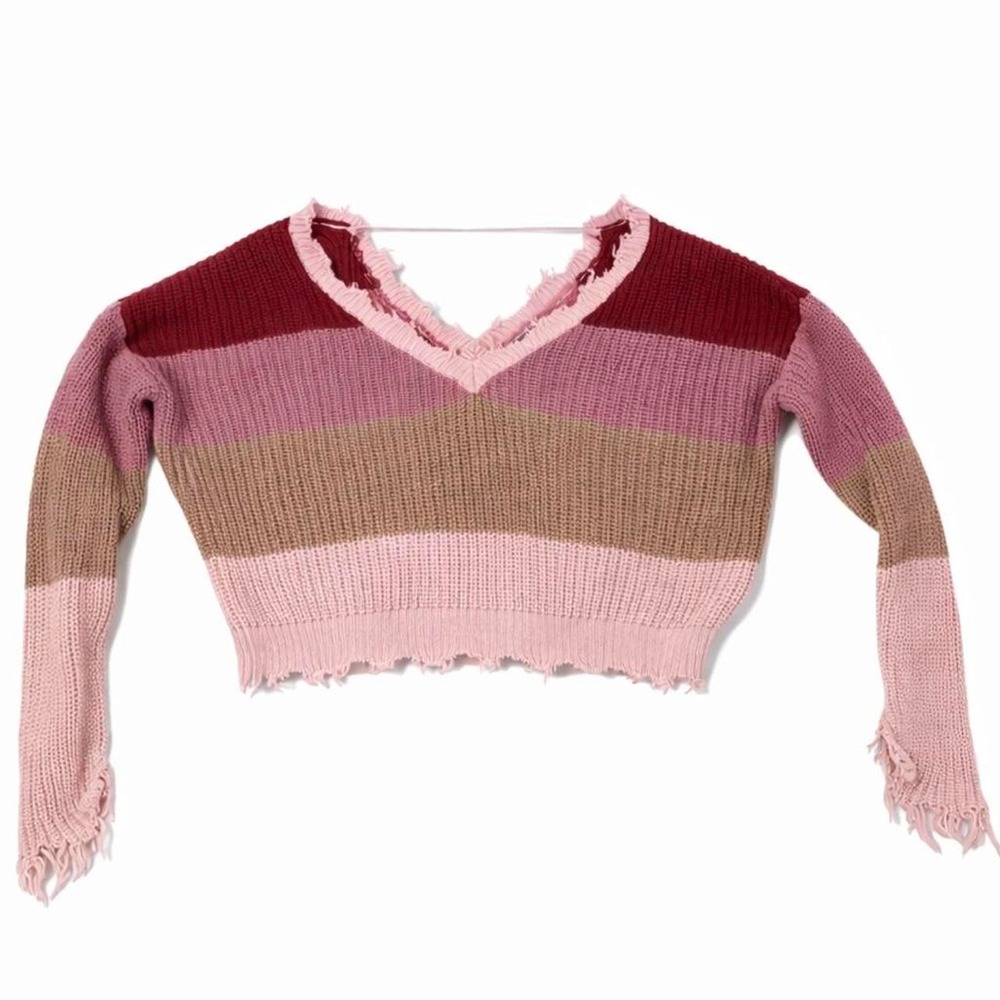 Forever 21 Womens Pink Striped Distressed Cropped Knit Sweater V-Neck Small